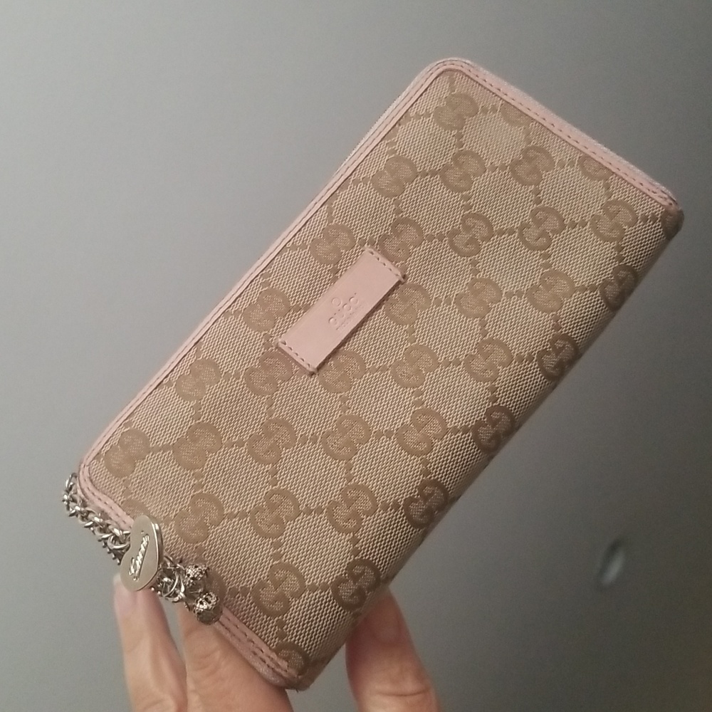 Gucci Monogram Canvas Long Accordion Heart Charm Zip Wallet w/Pink Leather Trim